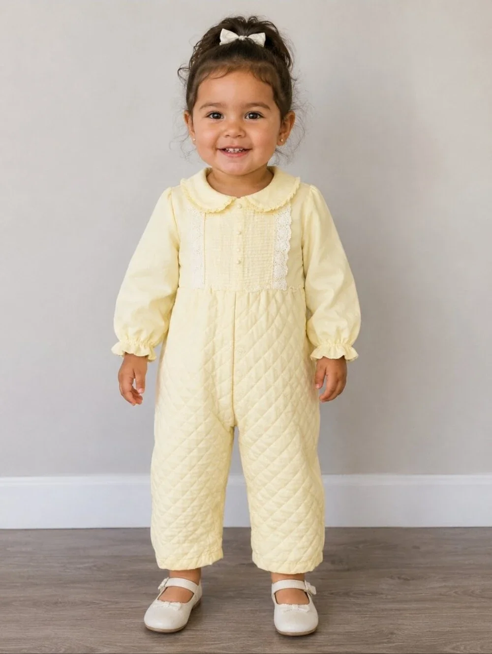 BETTI Terrell I.magnin One Piece Long Sleeve Snap Button Jumpsuit Yellow Lace
